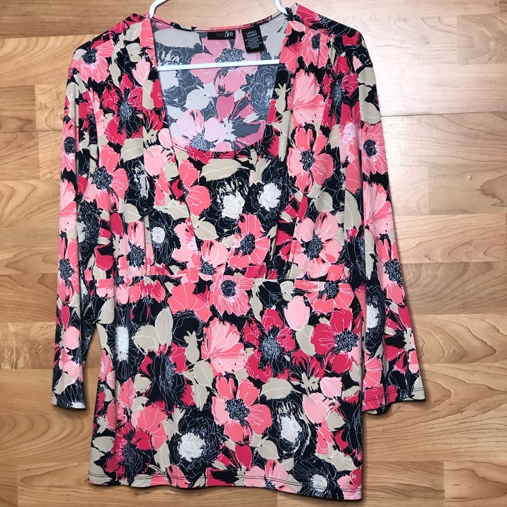 east 5th Size Large Peplum Pink/Black/Tan Blouse